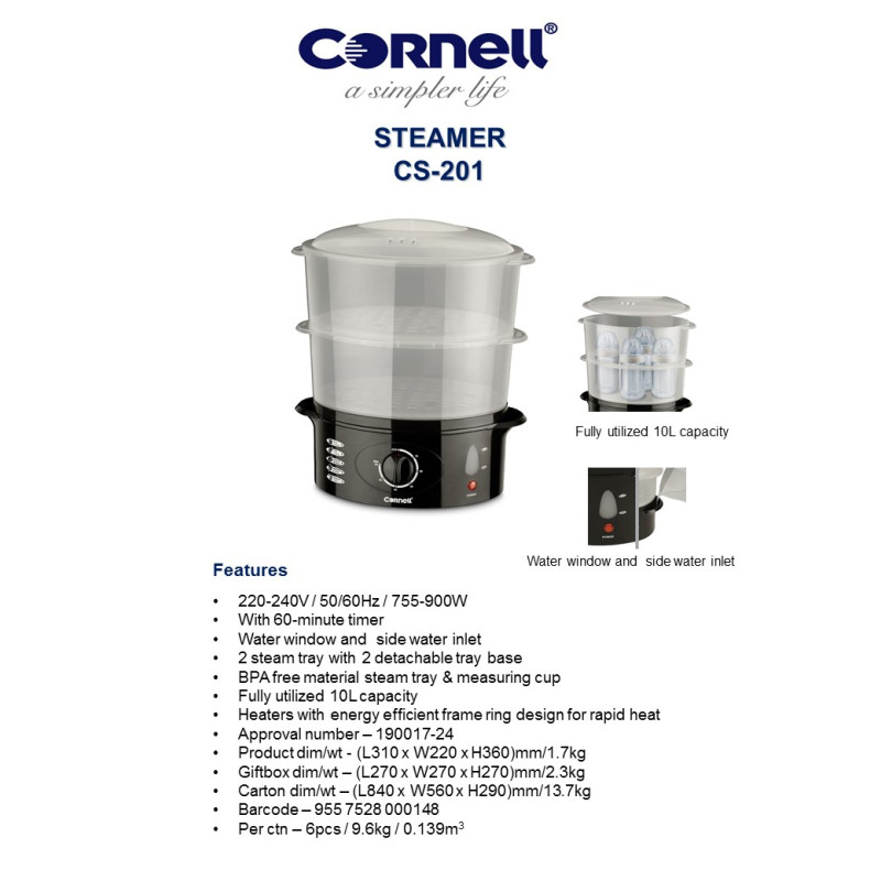 Cornell 2 Tier Daily Food Steamer 10L Capacity CS201 - Amtek