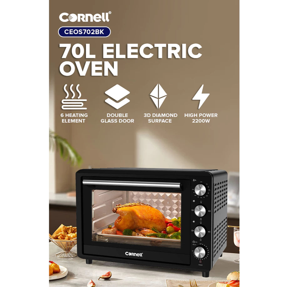 Cornell 70L Double Glass Electric Oven with Rotisserie & Convection Function CEOS702BK